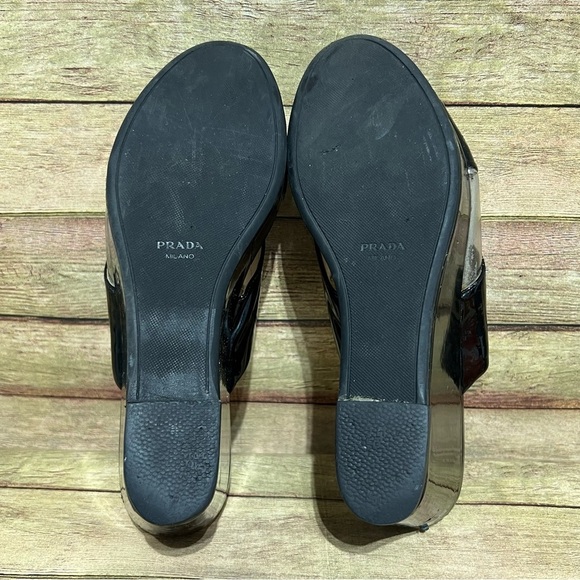 Prada Black Patent Leather Platform Wedge Sandals - Picture 8 of 9